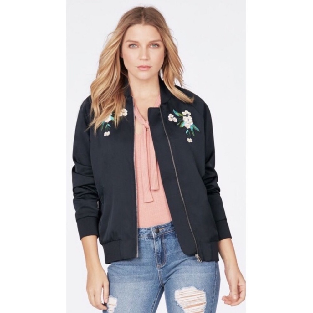 JustFab Floral Embroidered Bomber Jacket